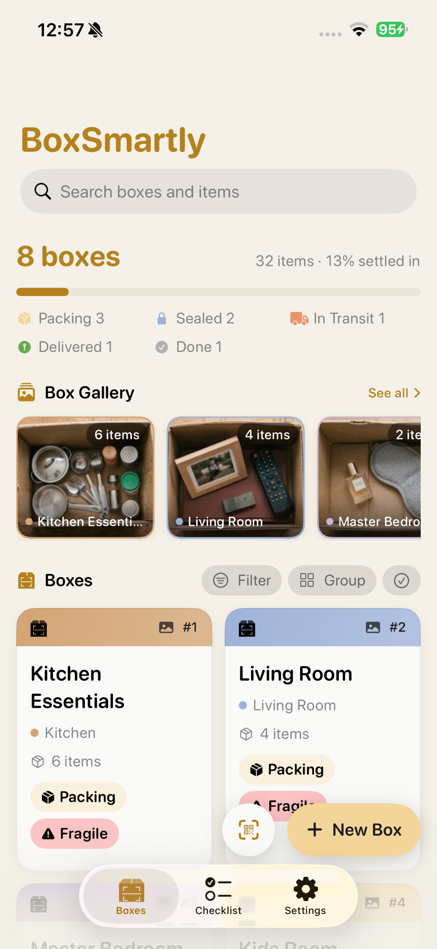 BoxSmartly home screen showing 8 boxes with status counts, box gallery, and room-coded box cards