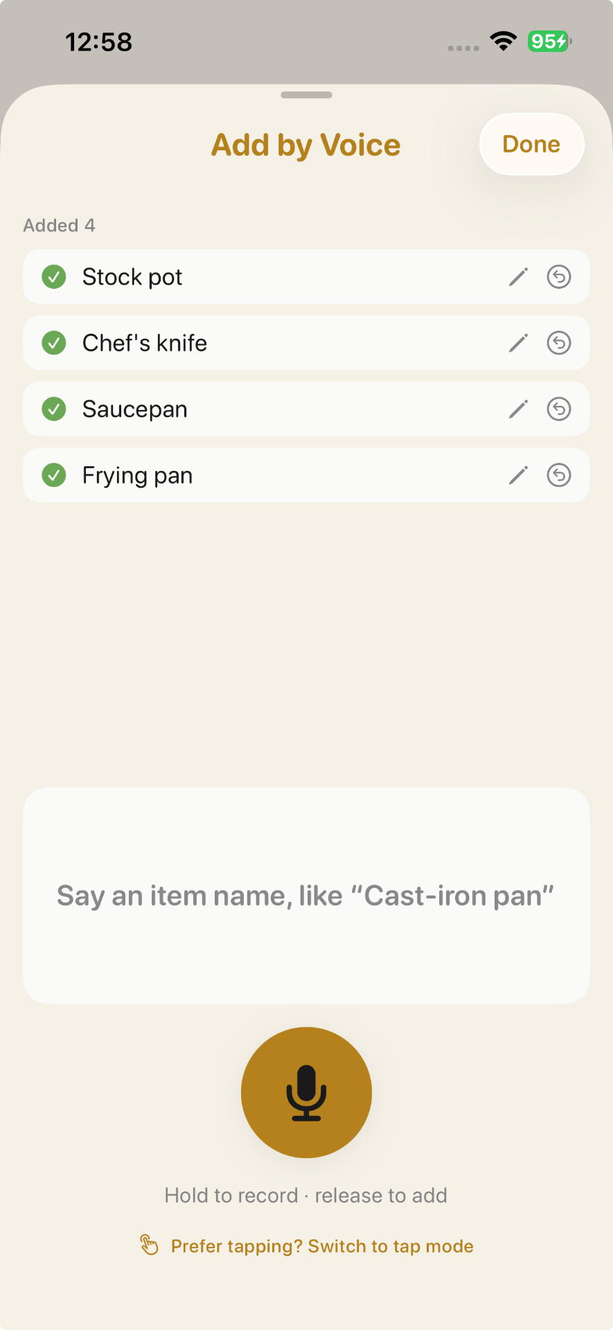 Add by Voice screen showing dictated items added hands-free to a box