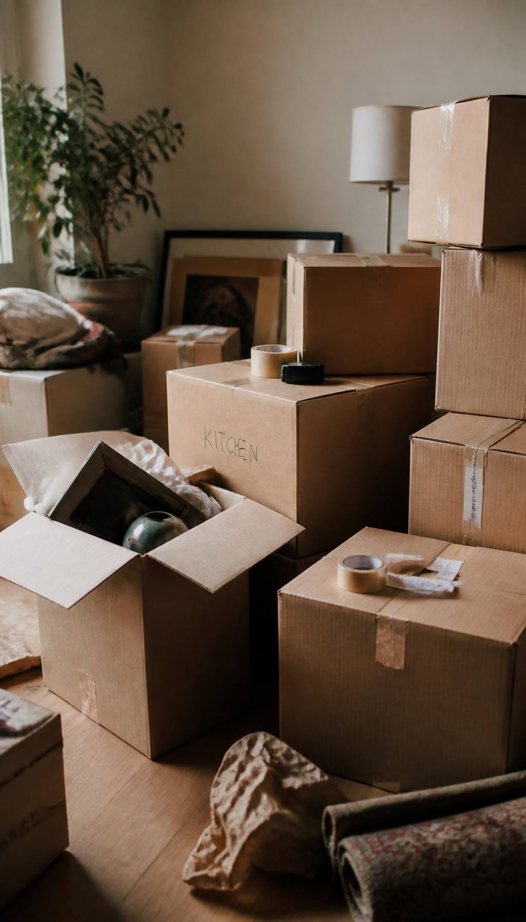 Cluttered moving day scene with cardboard boxes, tape, and packing paper