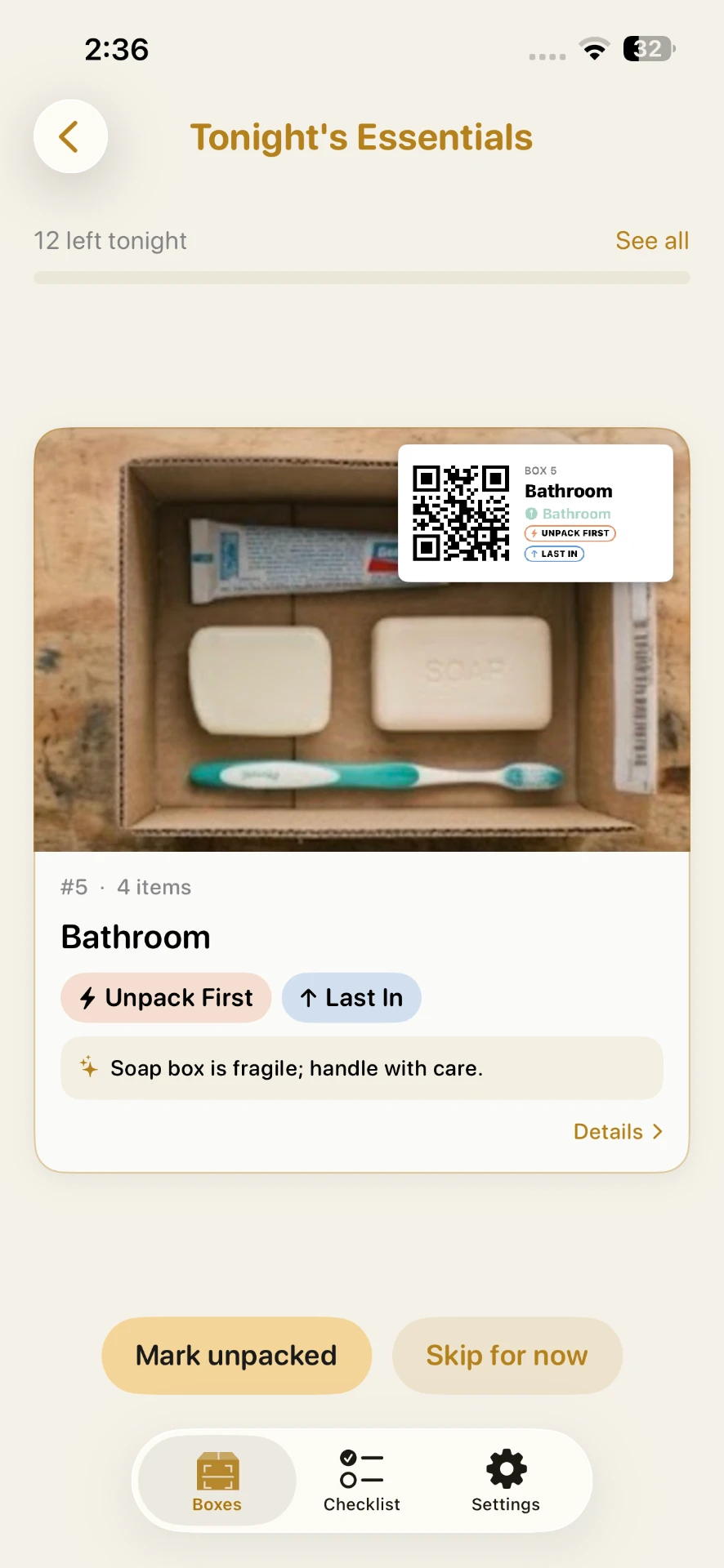 Tonight's Essentials card for a bathroom box with a quick handling tip and Mark unpacked and Skip for now buttons