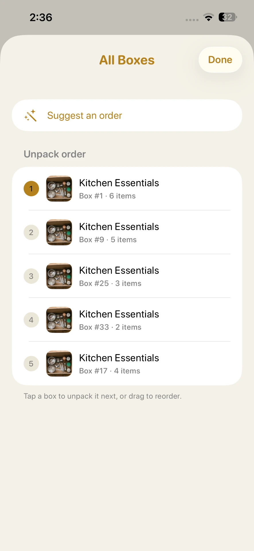 All Boxes sheet showing a suggested unpack order that can be reordered by dragging